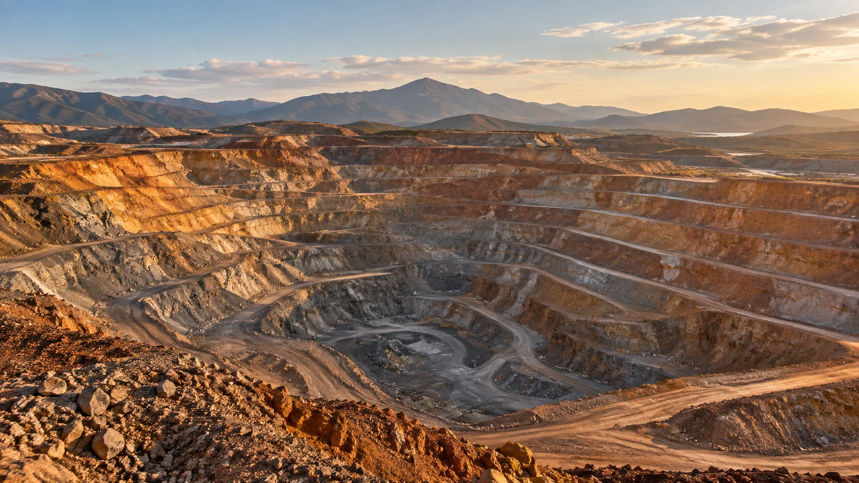 Illustrative terraced copper mine showing mineral resources and extraction infrastructure.