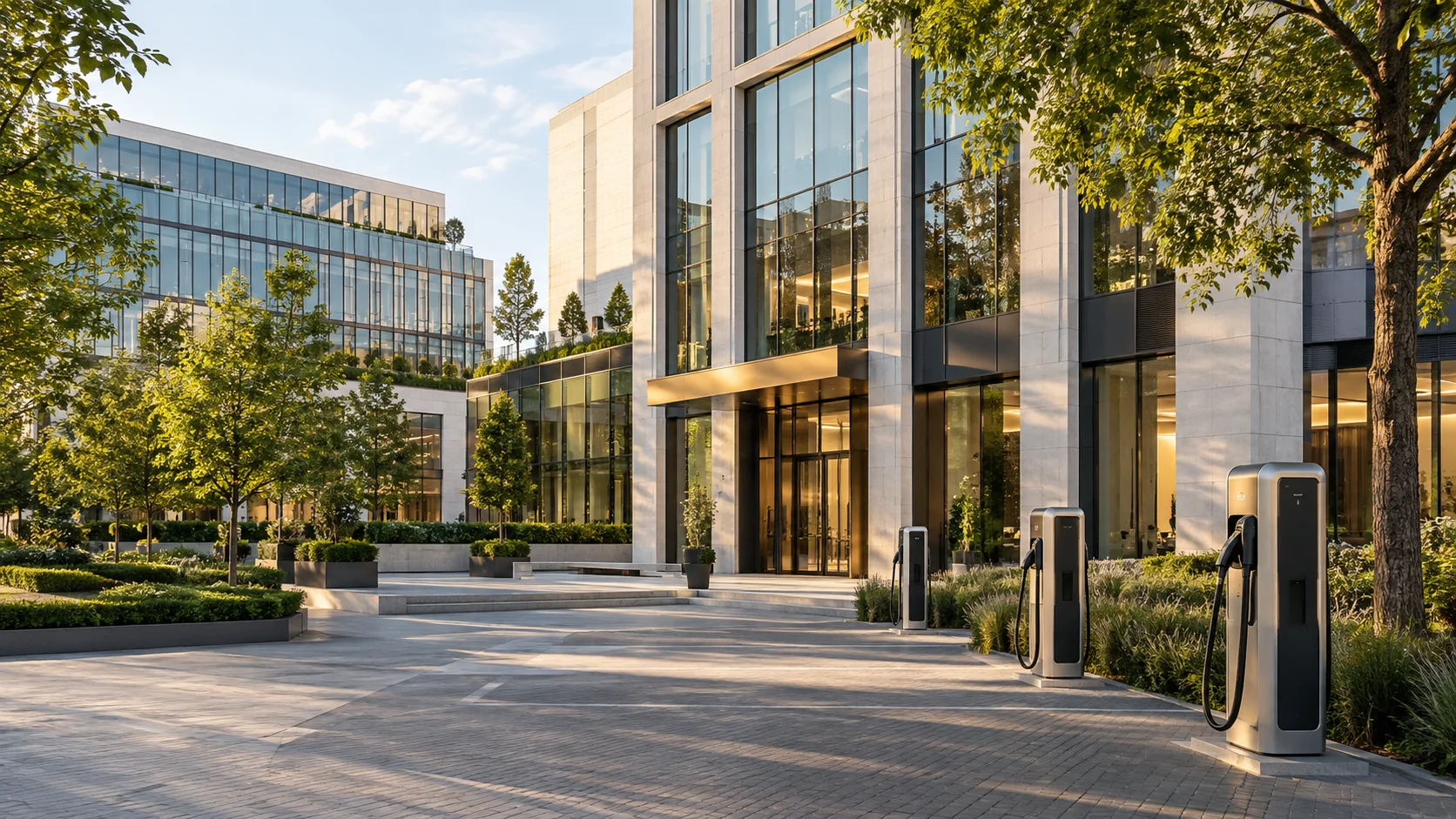Illustrative commercial buildings and electric vehicle charging stations, representing property and infrastructure.